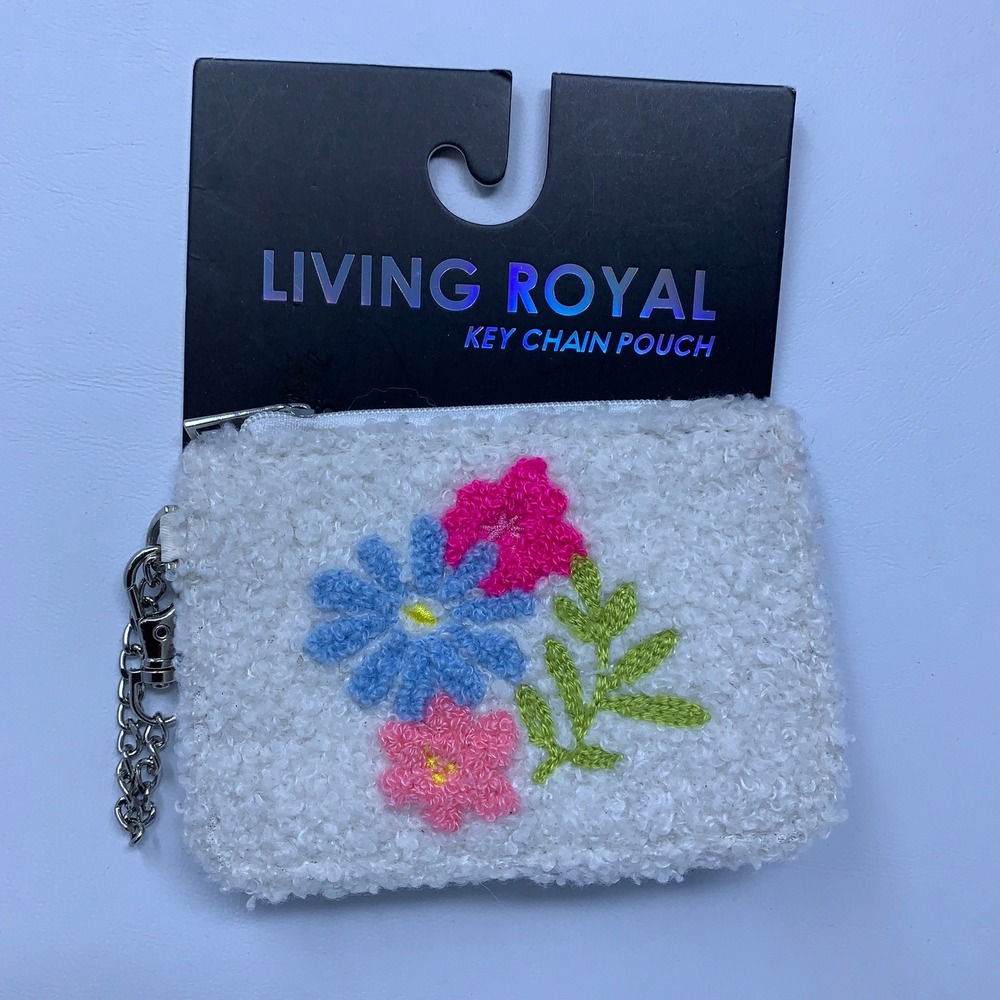 Living Royal Women OS White Floral Sherpa Fleece Keychain Pouch NWT